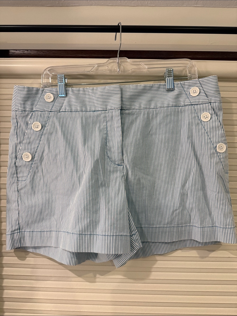 LOFT Riviera Blue and White Striped Button-Front Shorts